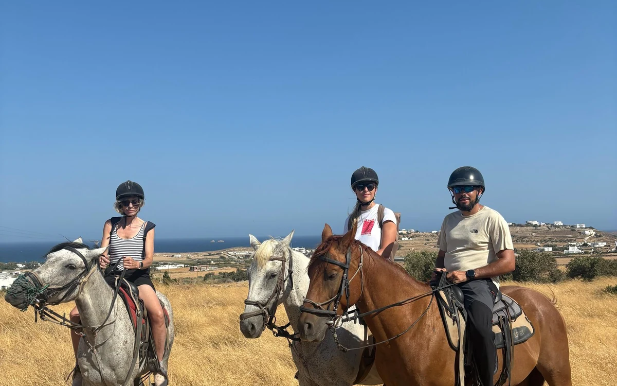Three riders in helmets on a grey, a white and a chestnut horse in a field of dry grass, the sea and white houses behind them